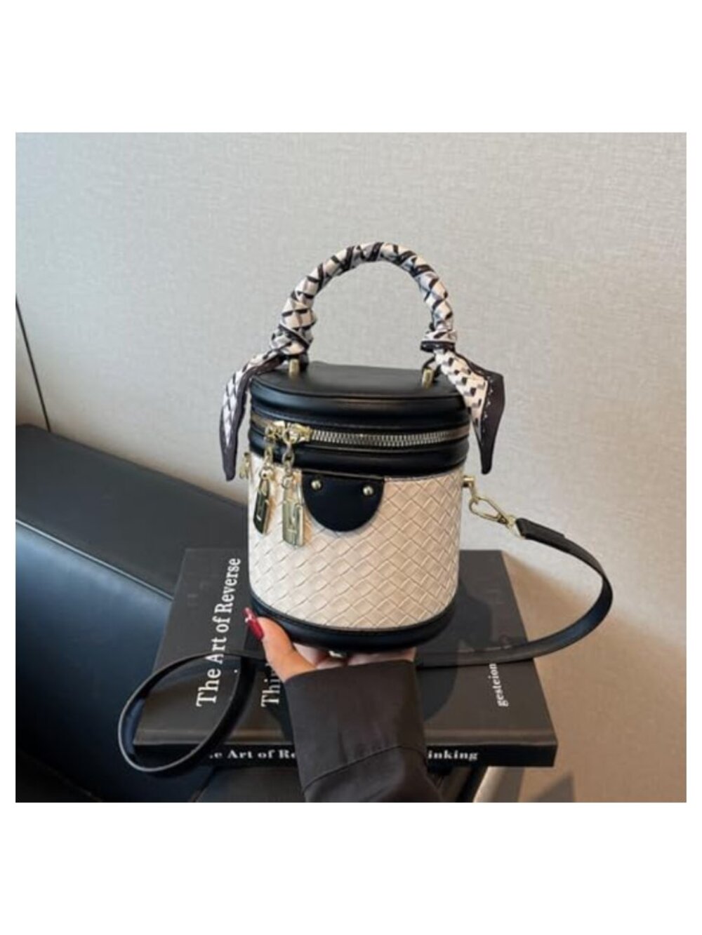 Woven Vegan Leather Crossbody Bucket Bag Mini Top Handle Handbag - Picture 5 of 6